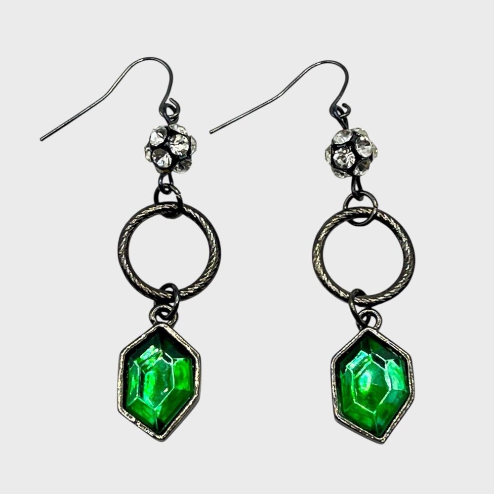 Gunmetal Dangle Hoop Earrings Clear Rhinestone Disco Ball Green Charms Hooks
